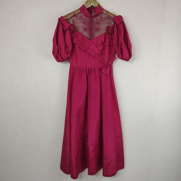 Vintage 70s Women's Hot Pink Victorian Puff Sleeve Prom Dress Downtown Abbey - Picture 10 of 11